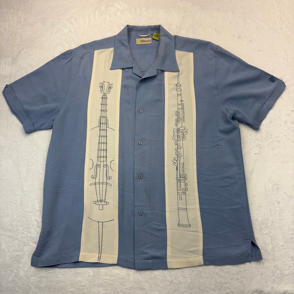 Cubavera Mens Large Blue Musical Instrument Cello Rayon Blend Camp Shirt S/S